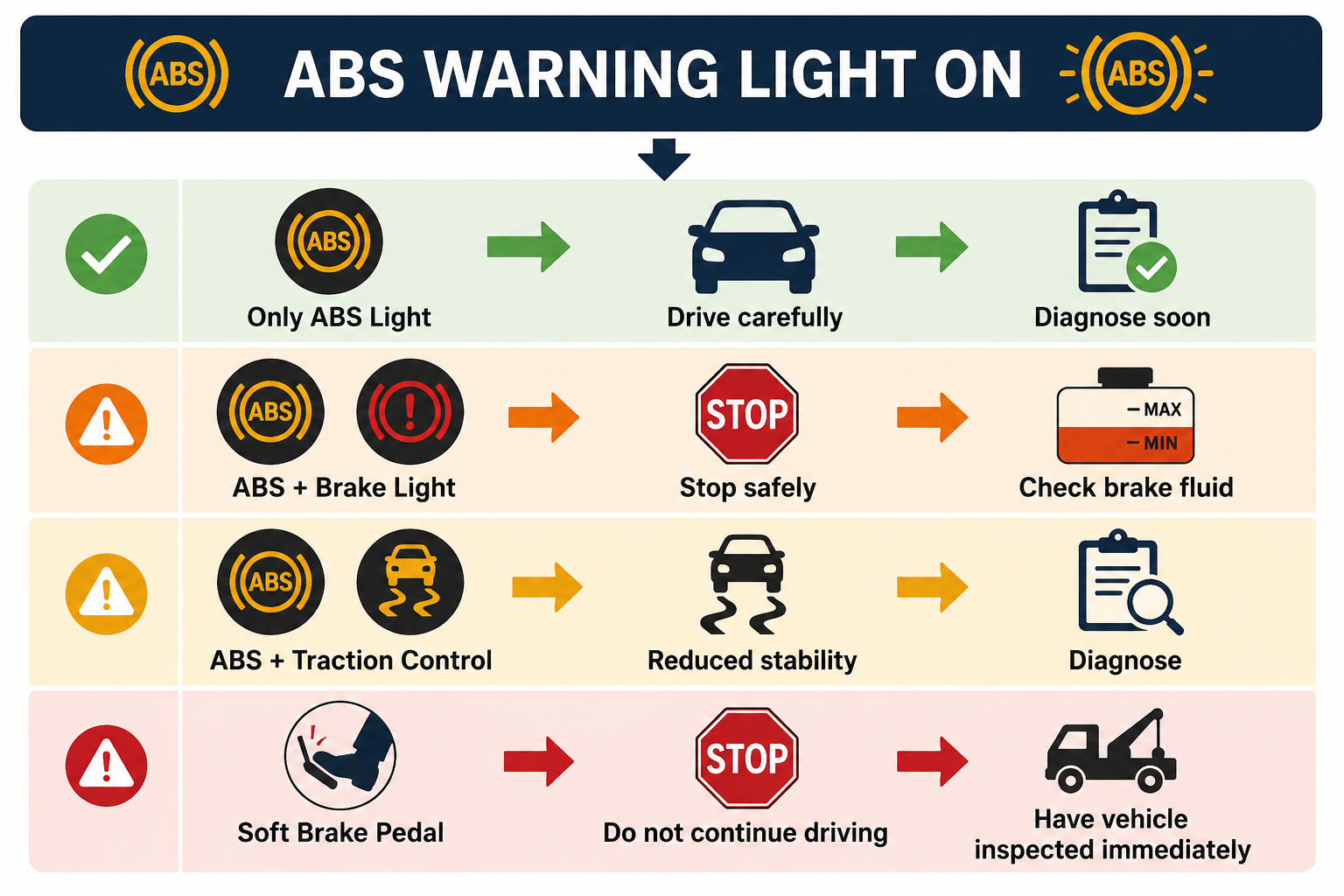 ABS warning light decision guide infographic showing what to do when the ABS, brake, or traction control warning lights appear