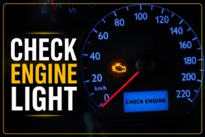 Yellow check engine light illuminated on a car dashboard indicating an engine or emissions system fault.