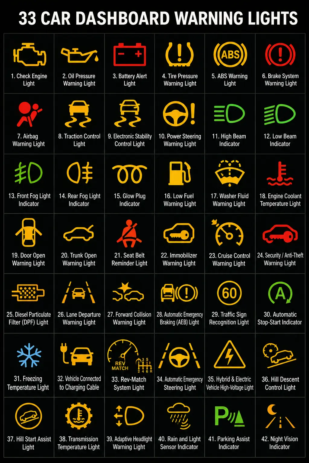 Car dashboard warning lights chart showing 33 common dashboard symbols and their meanings for engine, brakes, battery, TPMS, ABS, airbag, fuel, and safety systems