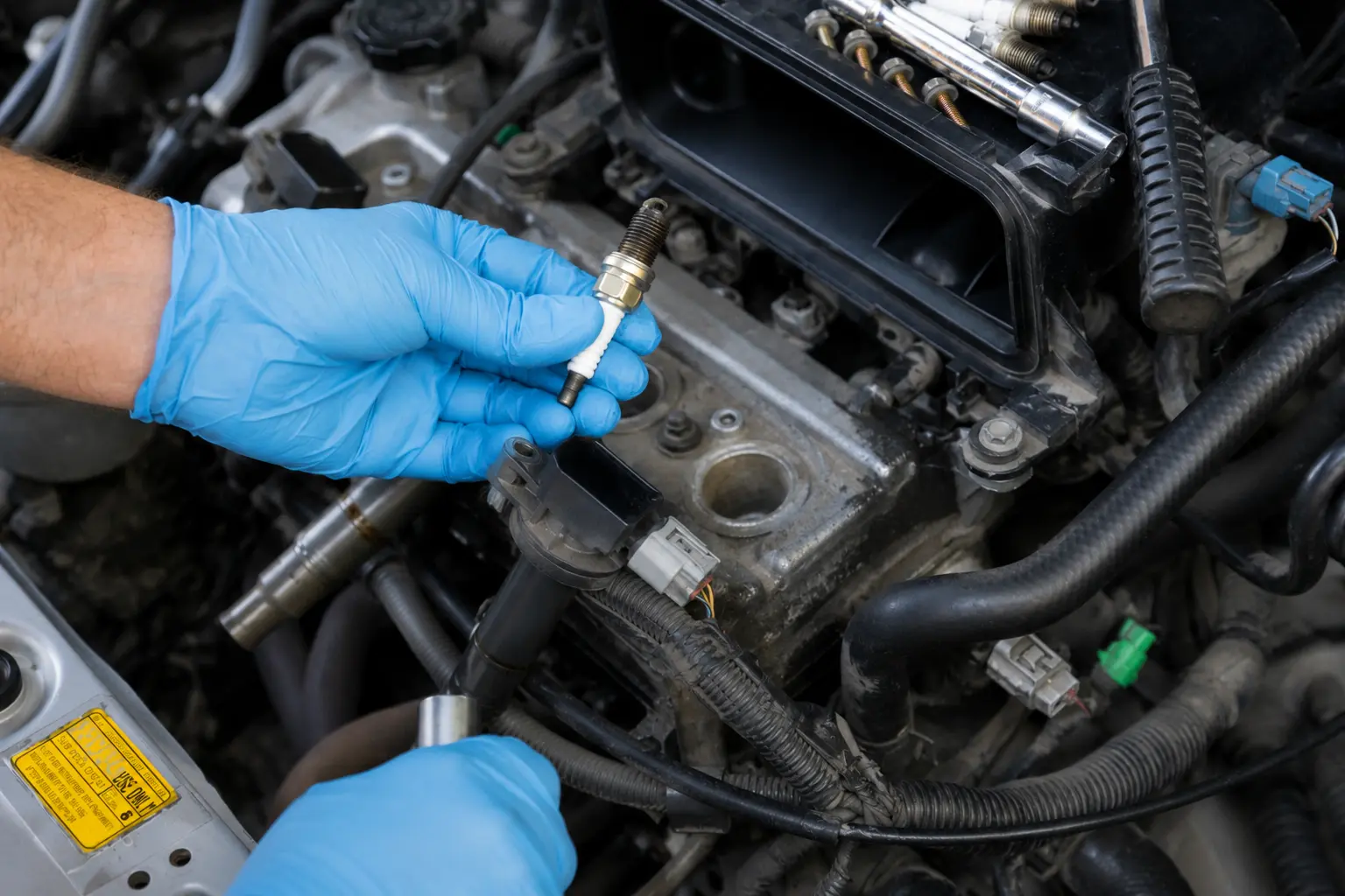 Mechanic inspecting a worn spark plug while diagnosing an engine misfire that triggered the check engine light.