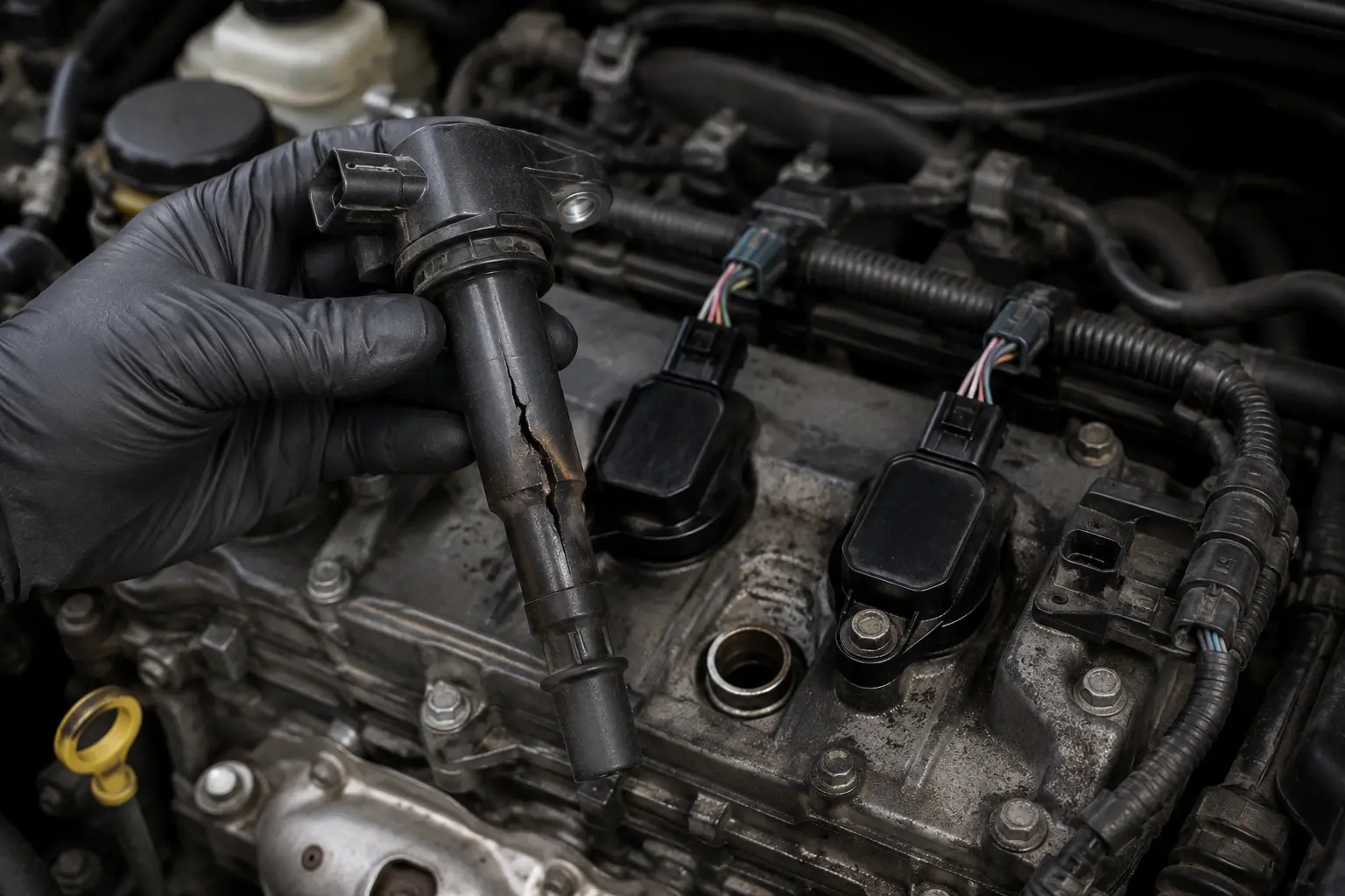 Failed ignition coil removed from a car engine during diagnosis of an engine misfire and check engine light problem.