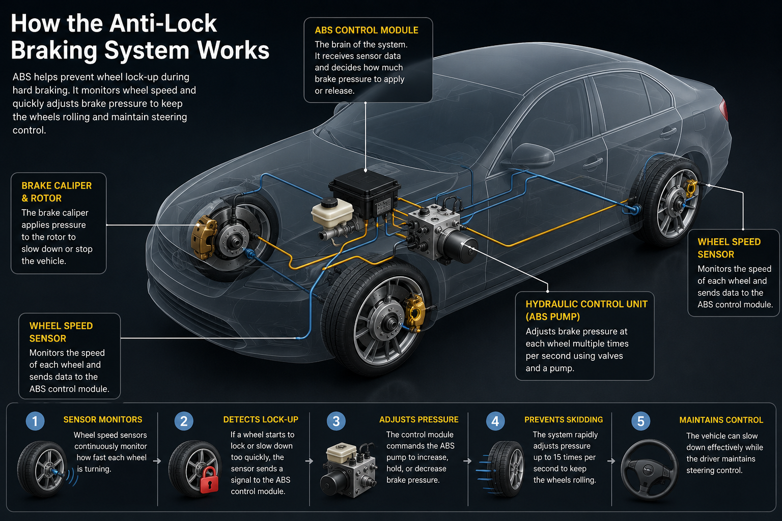 How the anti-lock braking system (ABS) works diagram showing wheel speed sensors, ABS control module, hydraulic control unit, and brake pressure operation