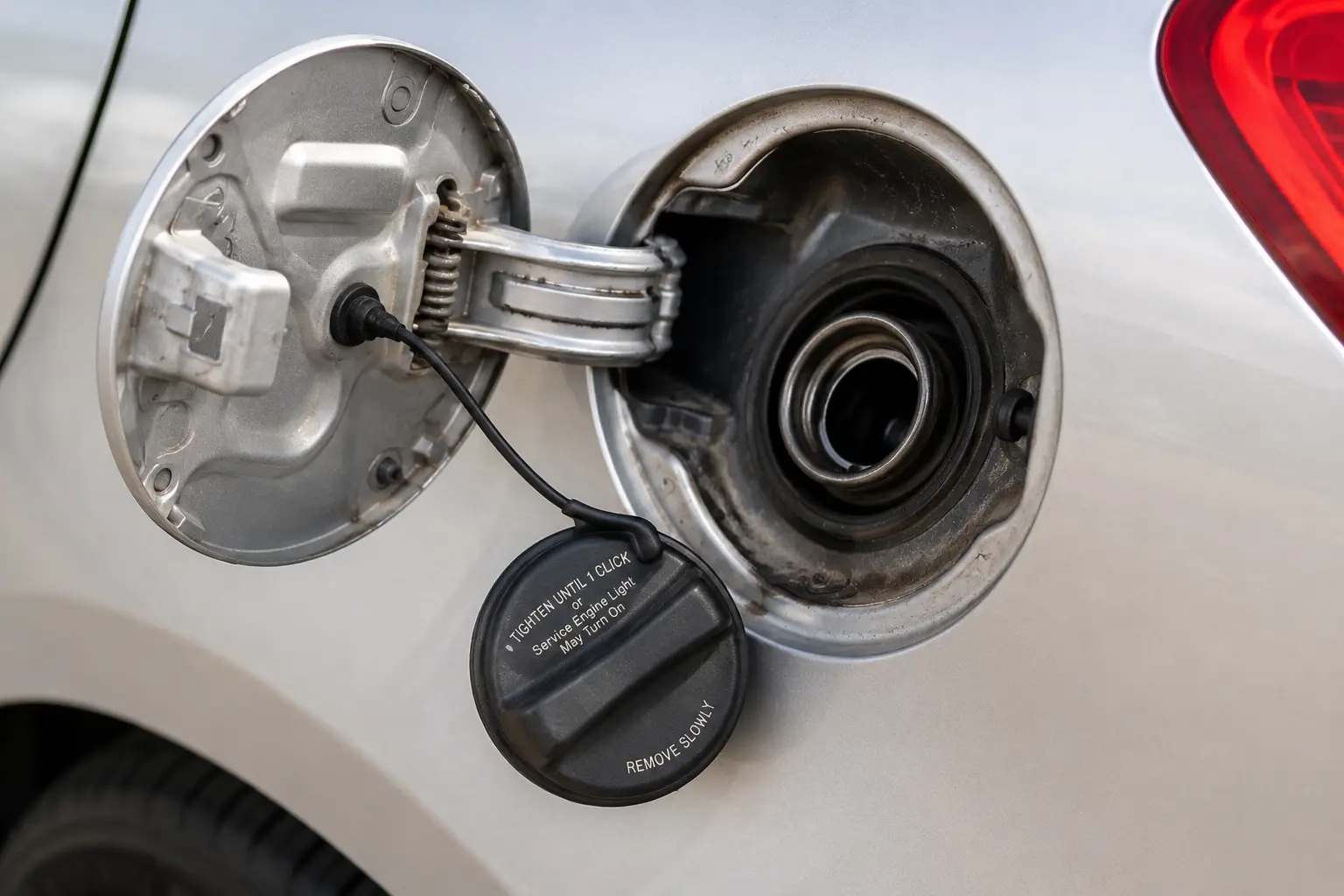 Loose gas cap removed from a car fuel filler neck causing an EVAP system leak and check engine light.