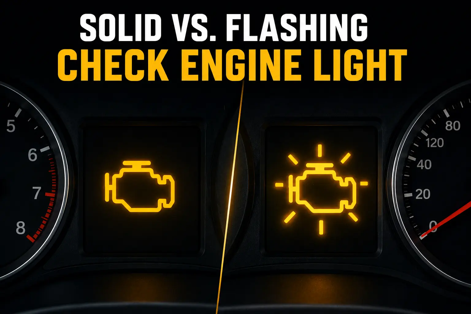 Comparison of a solid vs. flashing check engine light on a car dashboard, showing the difference between a steady and blinking engine warning indicator.
