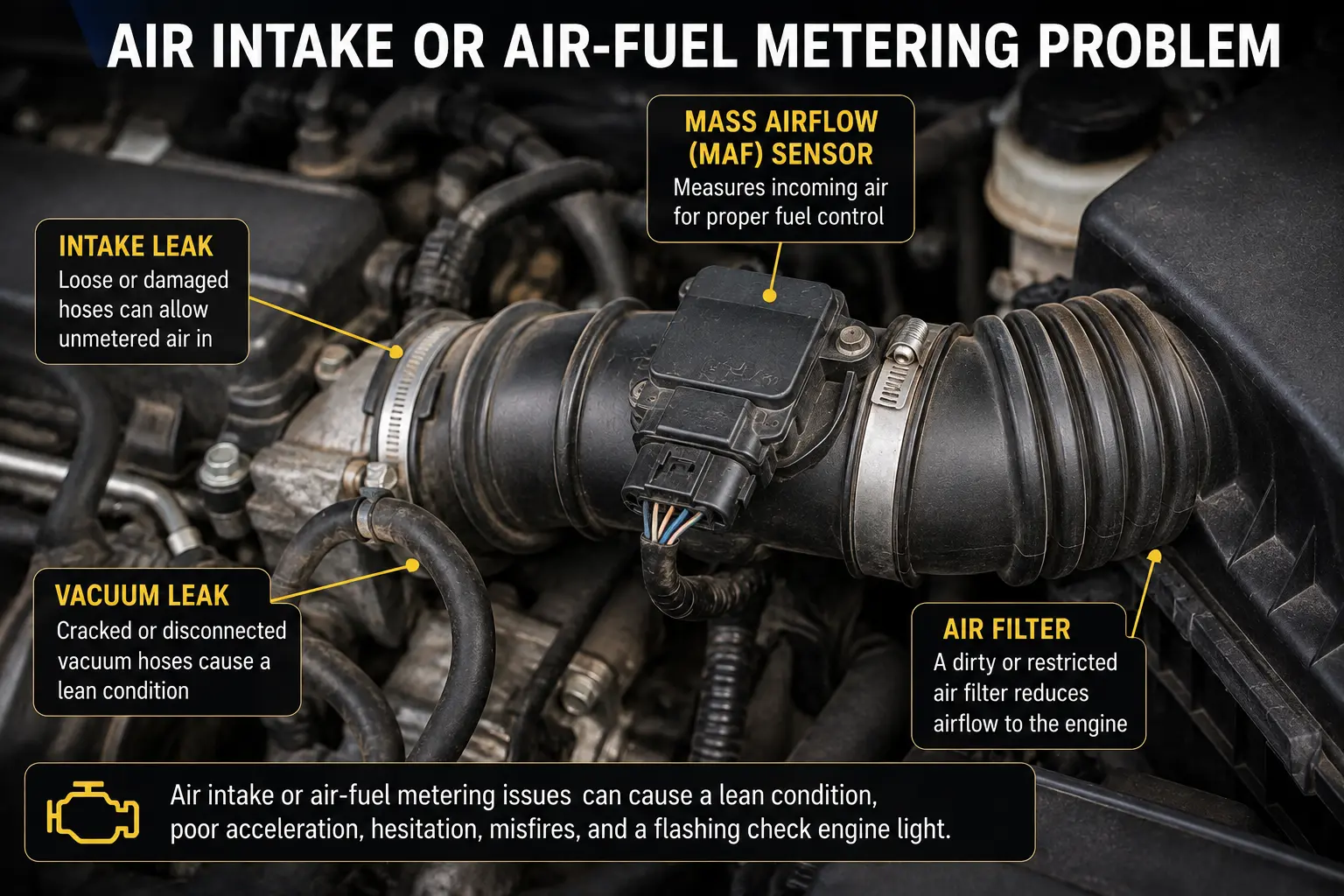 Engine air intake system showing MAF sensor, intake hose, and possible vacuum leak areas
