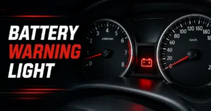 Battery warning light illuminated on a car dashboard indicating a vehicle charging system problem