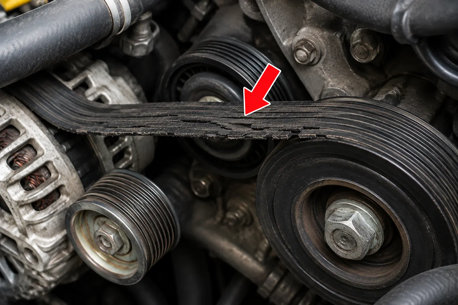 Worn and cracked serpentine belt causing alternator charging failure and battery warning light