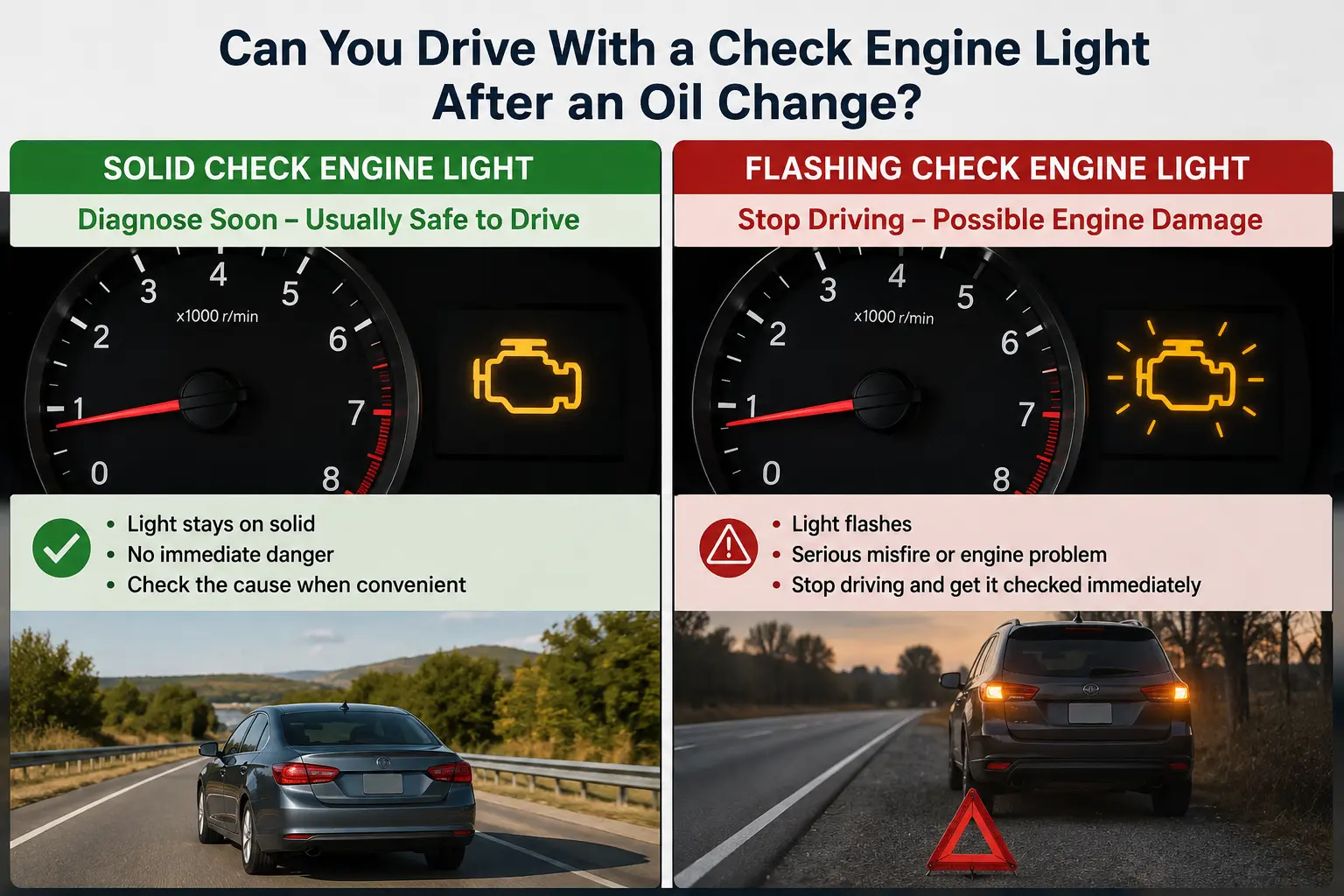 Solid vs flashing check engine light after an oil change showing when it is safe to drive or when to stop