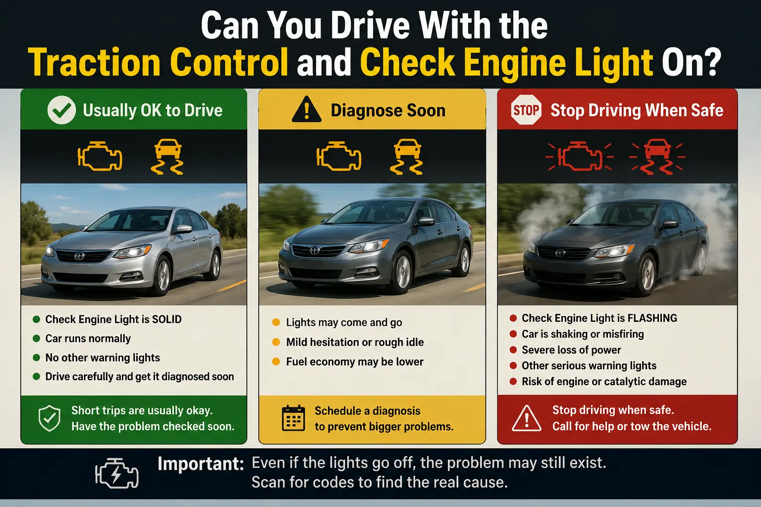 Check engine and traction control lights showing when to drive or stop