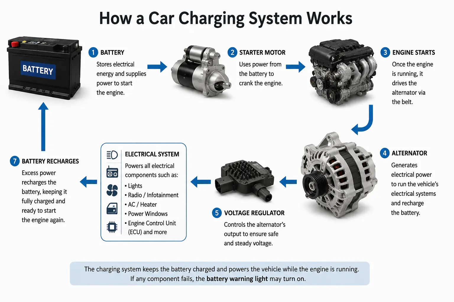 Car charging system diagram showing how the battery, starter motor, alternator, voltage regulator, and electrical system work together