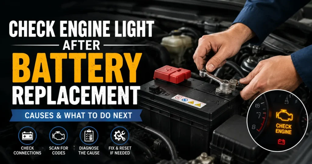 Check engine light after battery replacement with mechanic checking car battery connections