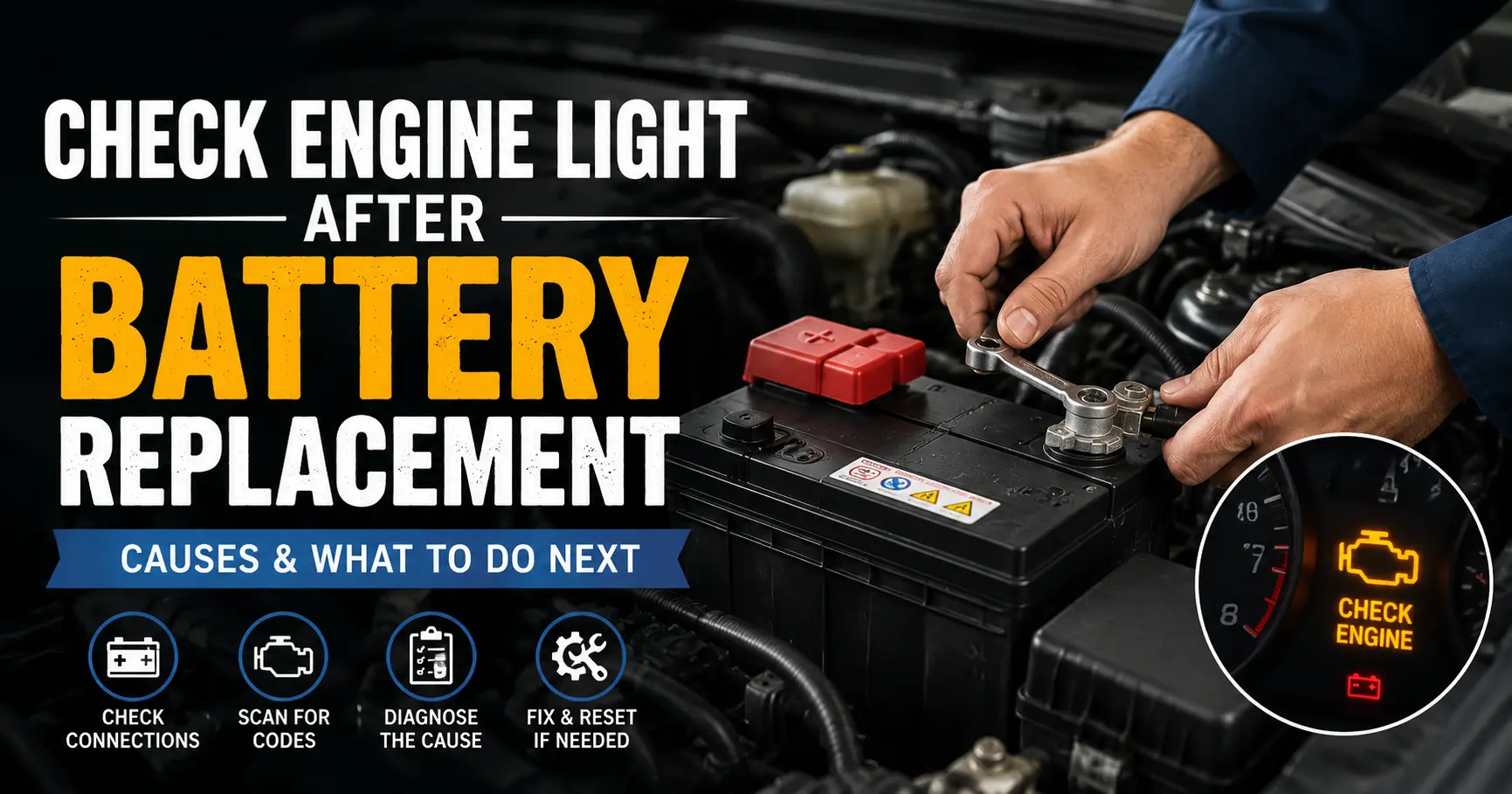Check engine light after battery replacement with mechanic checking car battery connections