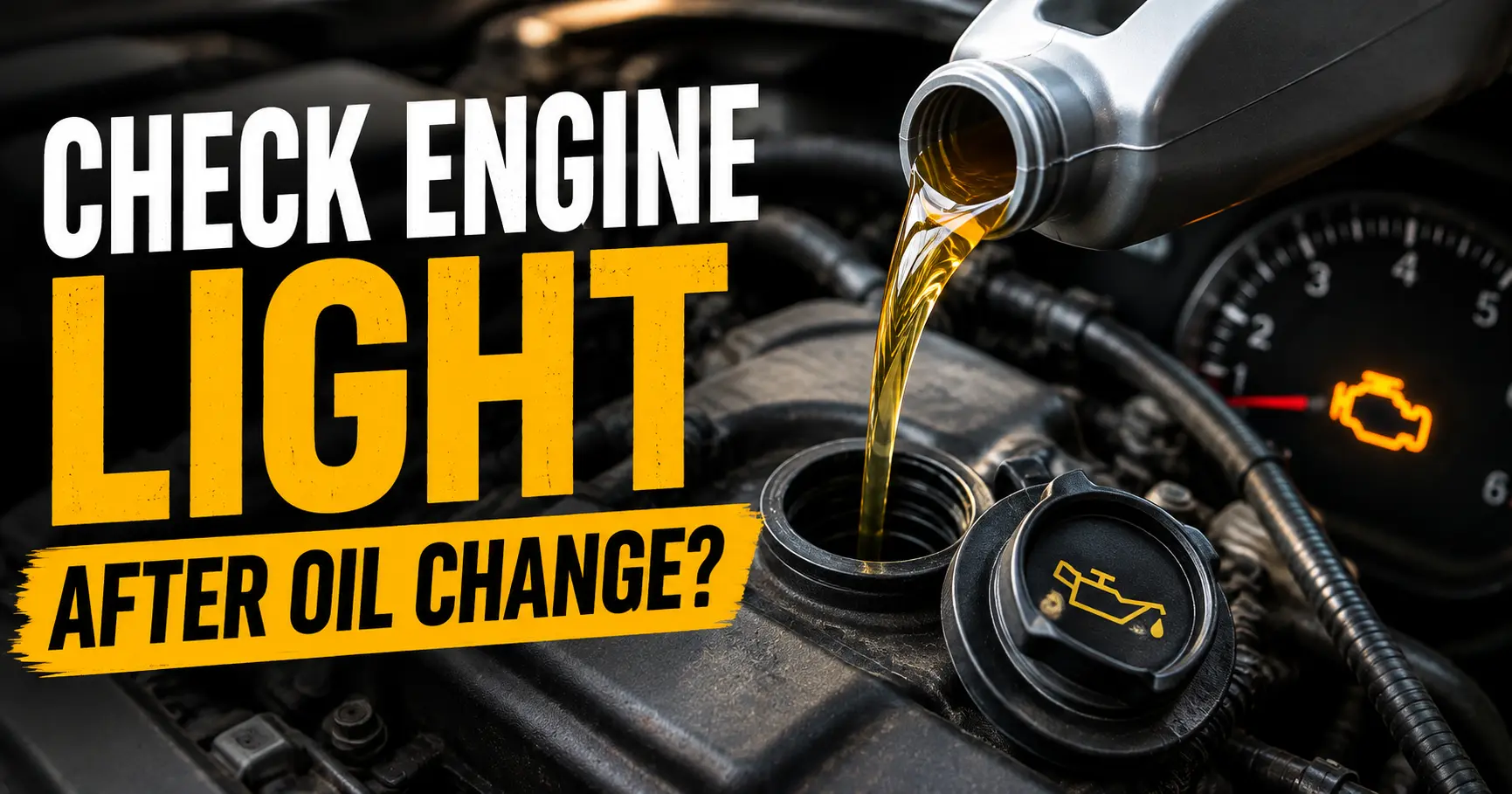 Check engine light after oil change with engine oil being poured and dashboard warning light