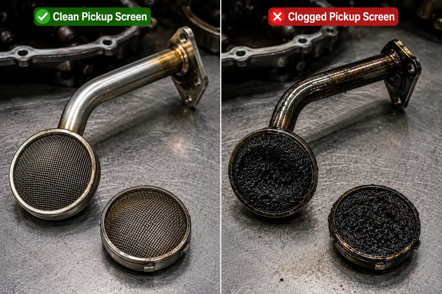 Comparison of a clean oil pickup screen and a clogged oil pickup screen covered with engine sludge restricting oil flow.