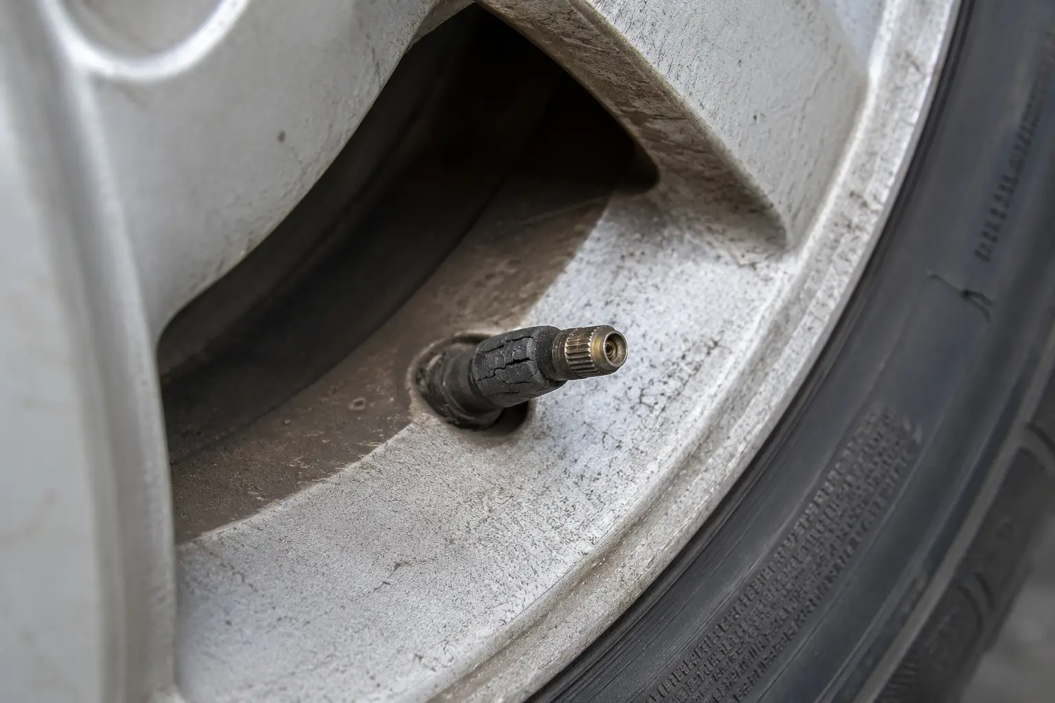 Damaged tire valve stem causing a slow air leak and triggering the TPMS warning light.