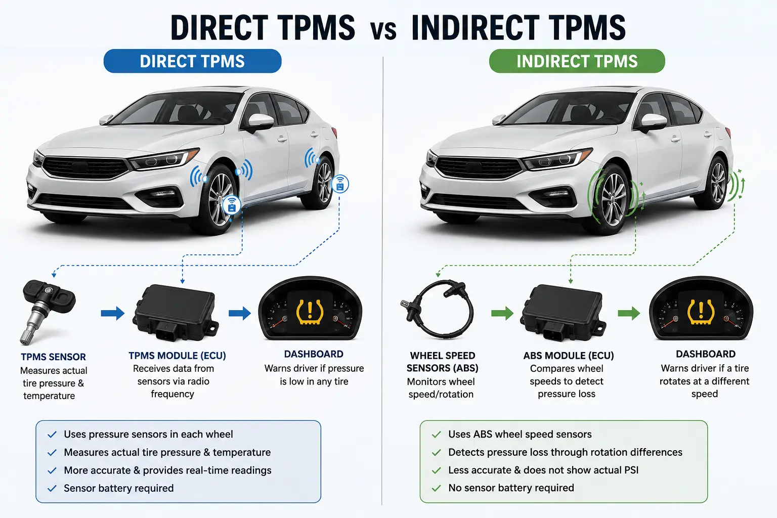 Direct vs Indirect TPMS comparison showing how tire pressure sensors and ABS wheel speed sensors monitor tire pressure.