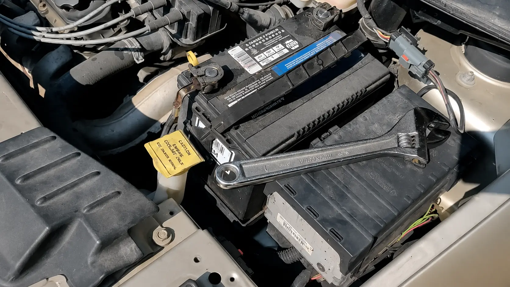 Disconnecting the negative battery terminal to reset the check engine light on a modern vehicle.