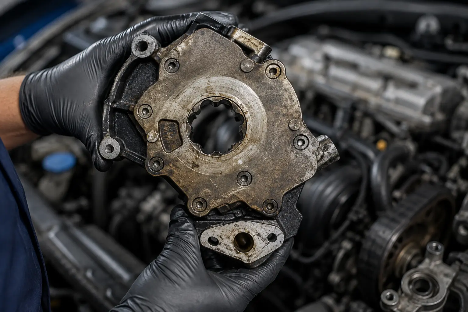 Worn engine oil pump removed from a vehicle showing signs of wear that can cause low engine oil pressure.