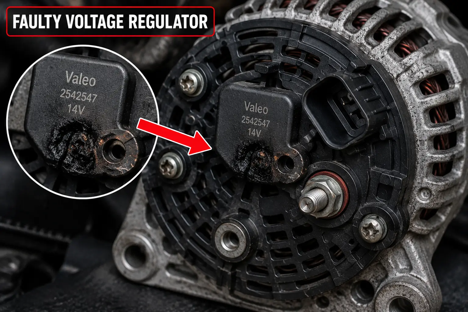 Faulty voltage regulator on a car alternator causing battery warning light and charging system issues