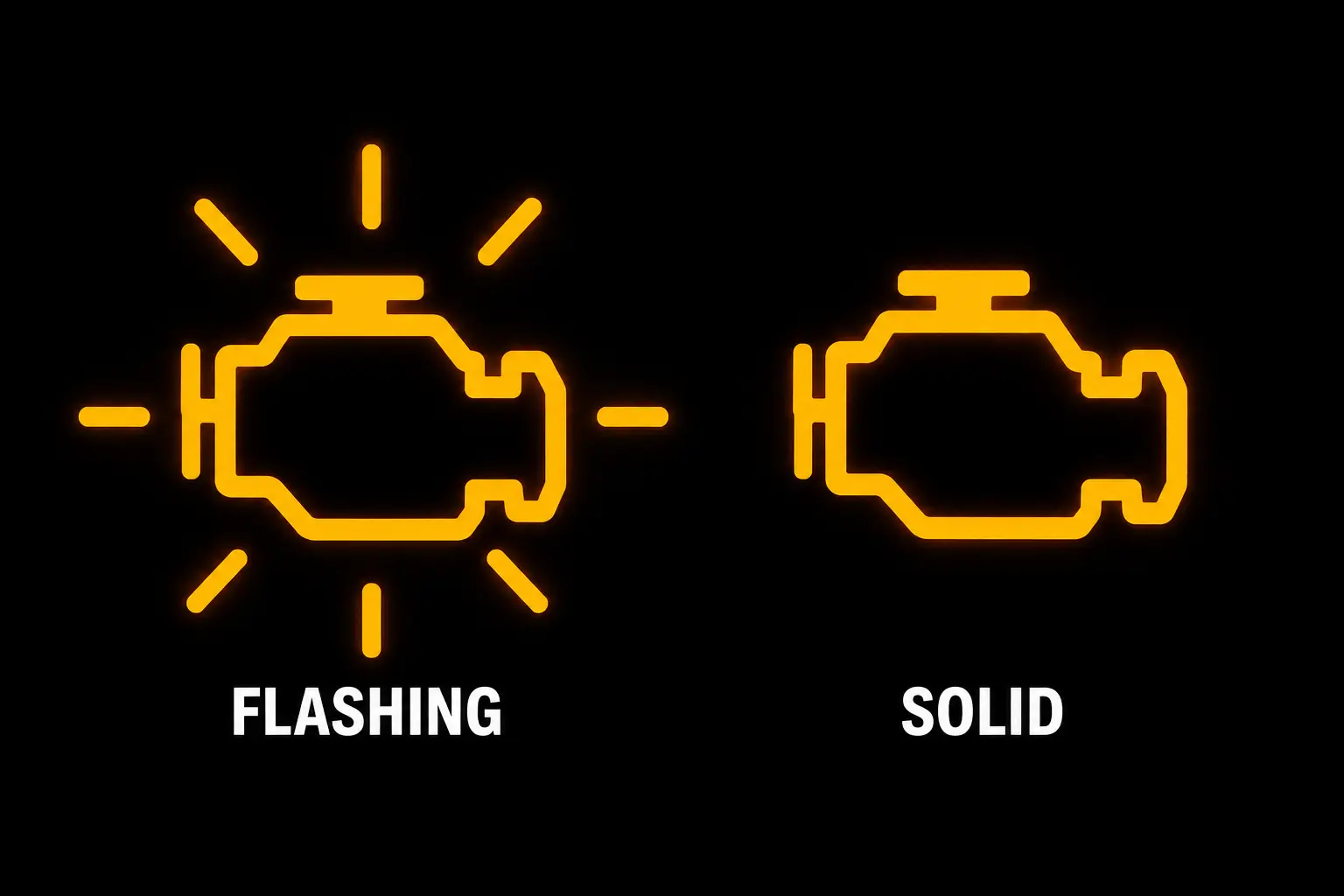 Comparison of a flashing vs. solid check engine light, showing that a flashing warning indicates a serious engine misfire while a solid light signals a less urgent engine fault.