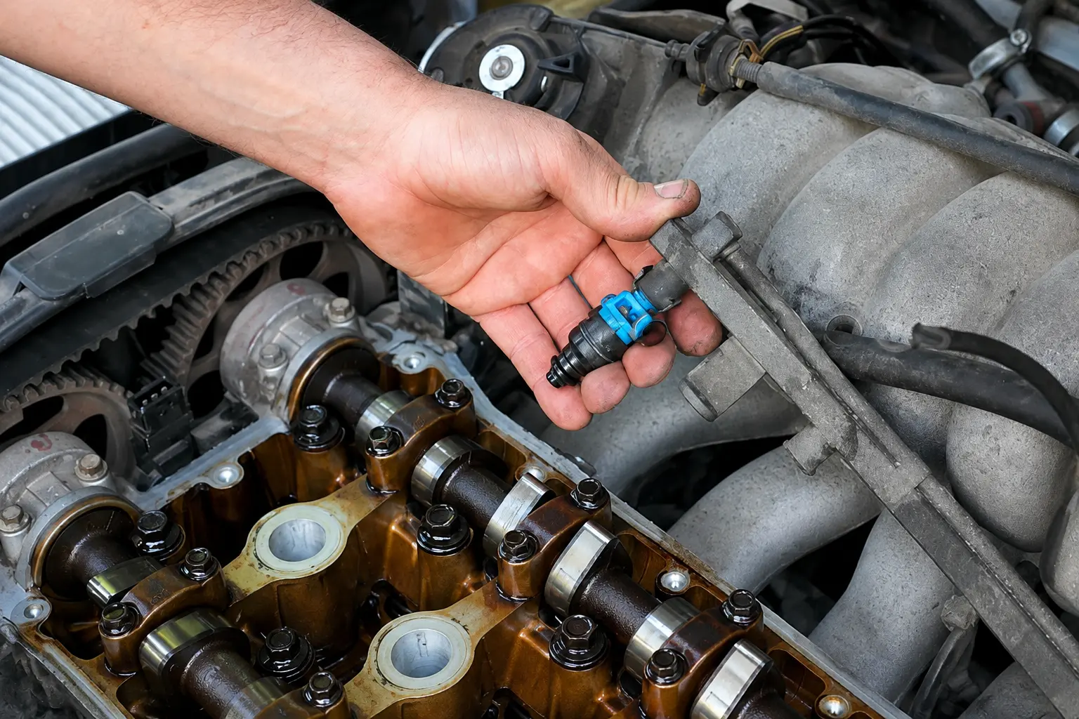 Mechanic inspecting a fuel injector in an engine while diagnosing a misfire during acceleration