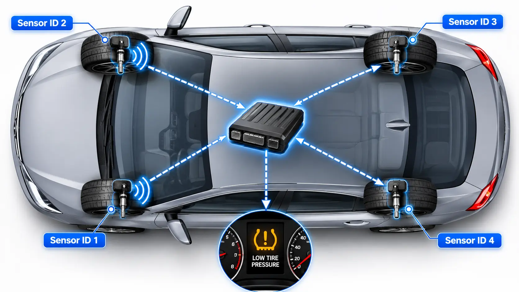 Direct TPMS diagram showing four tire pressure sensors sending wireless data to the vehicle’s control module and dashboard warning light.
