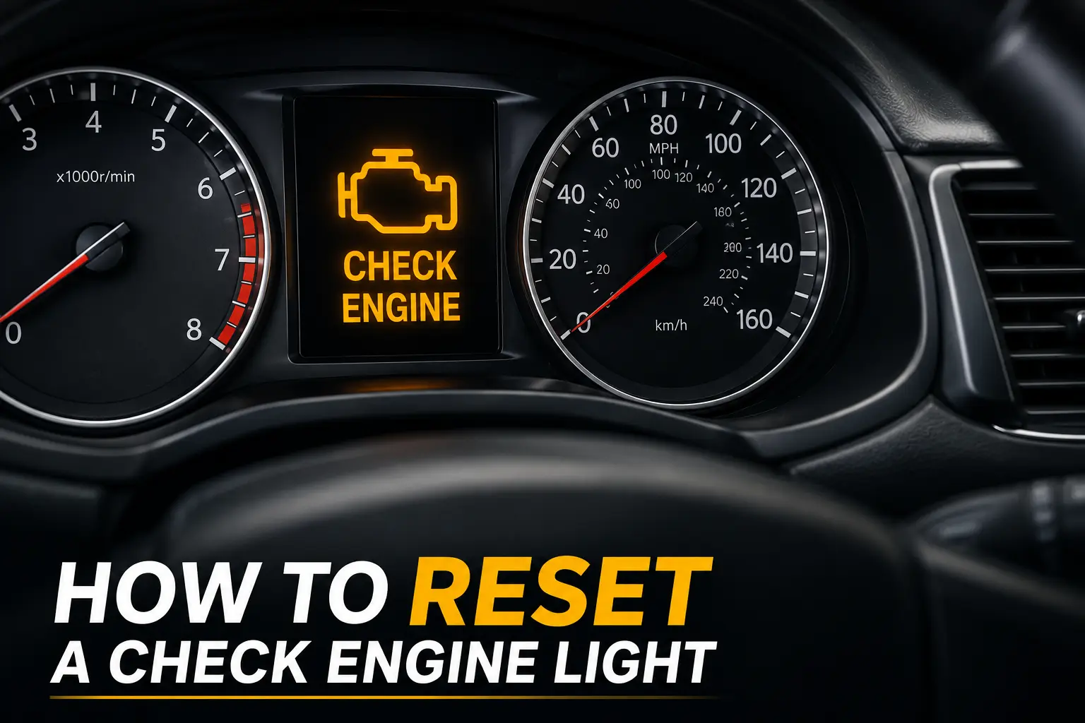 How to reset a check engine light shown on a car dashboard with the illuminated check engine warning indicator.