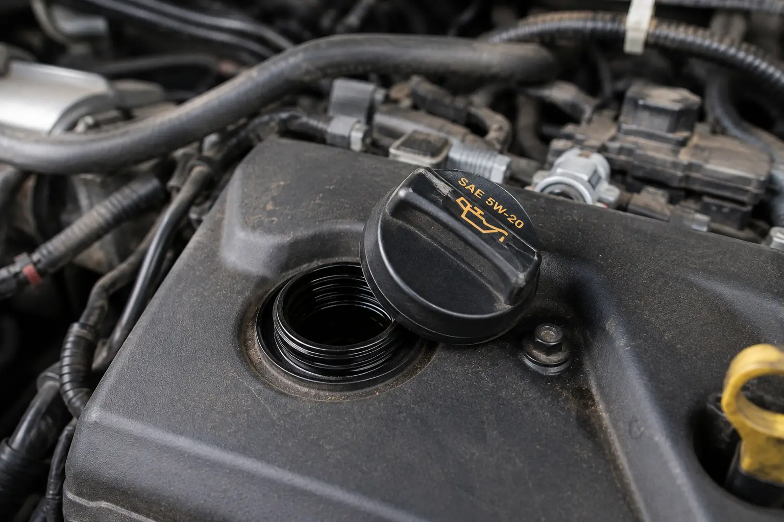 Loose oil filler cap on a car engine after an oil change