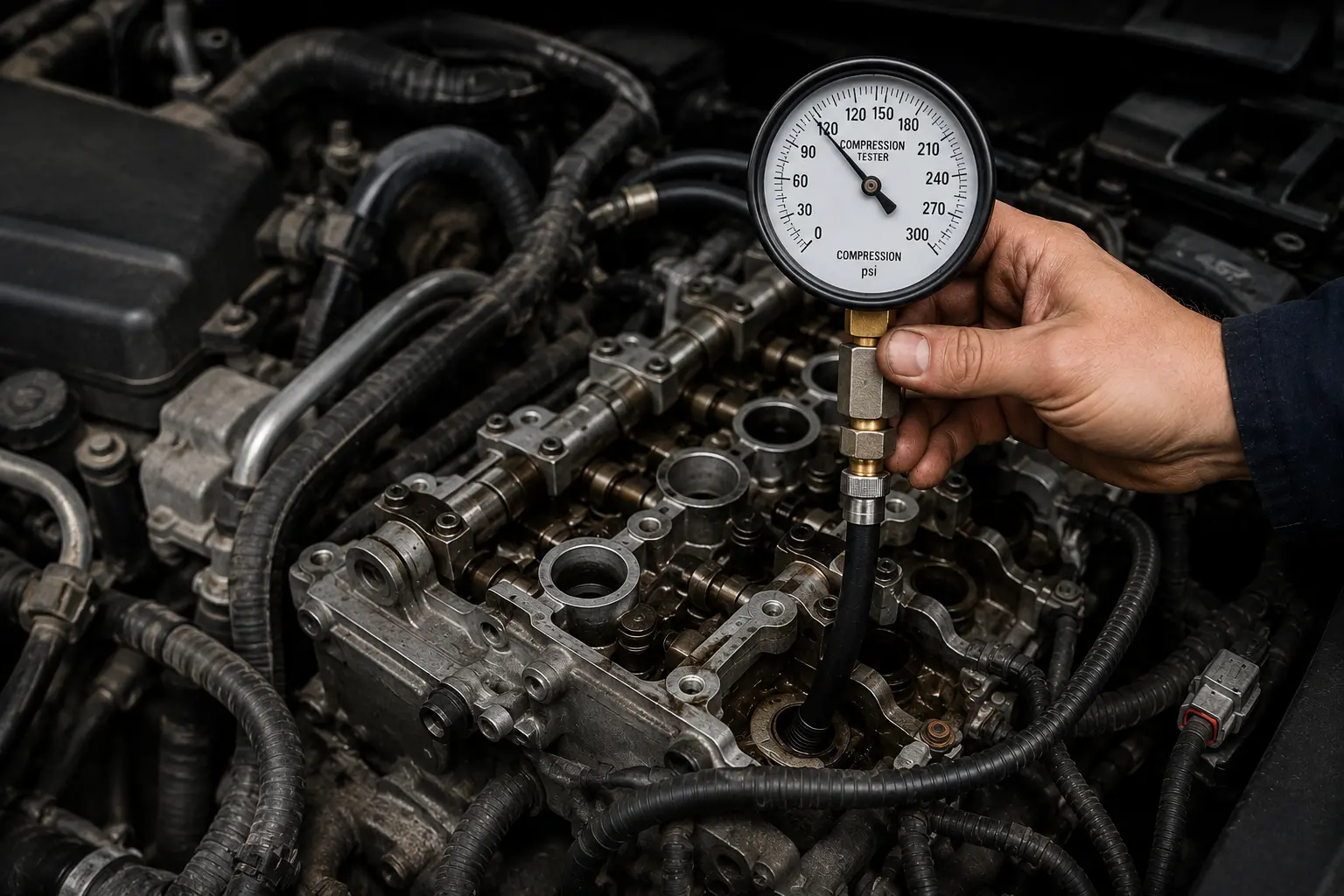 Mechanic performing an engine compression test to diagnose a cylinder misfire and low compression