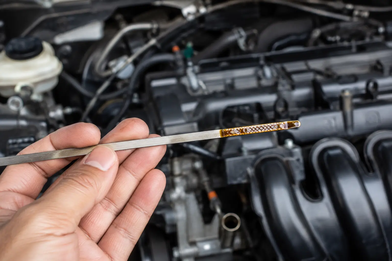 Engine oil dipstick showing a low engine oil level below the minimum mark in a modern car engine.
