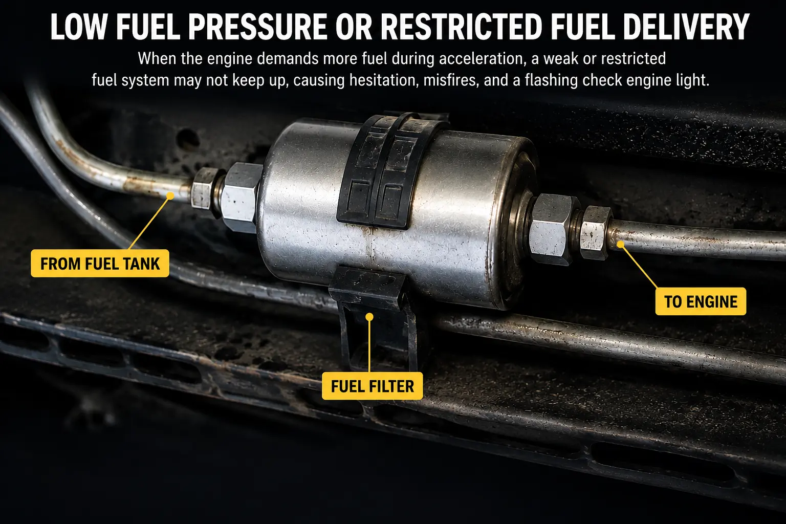 Vehicle fuel filter and fuel lines showing a possible restricted fuel delivery problem