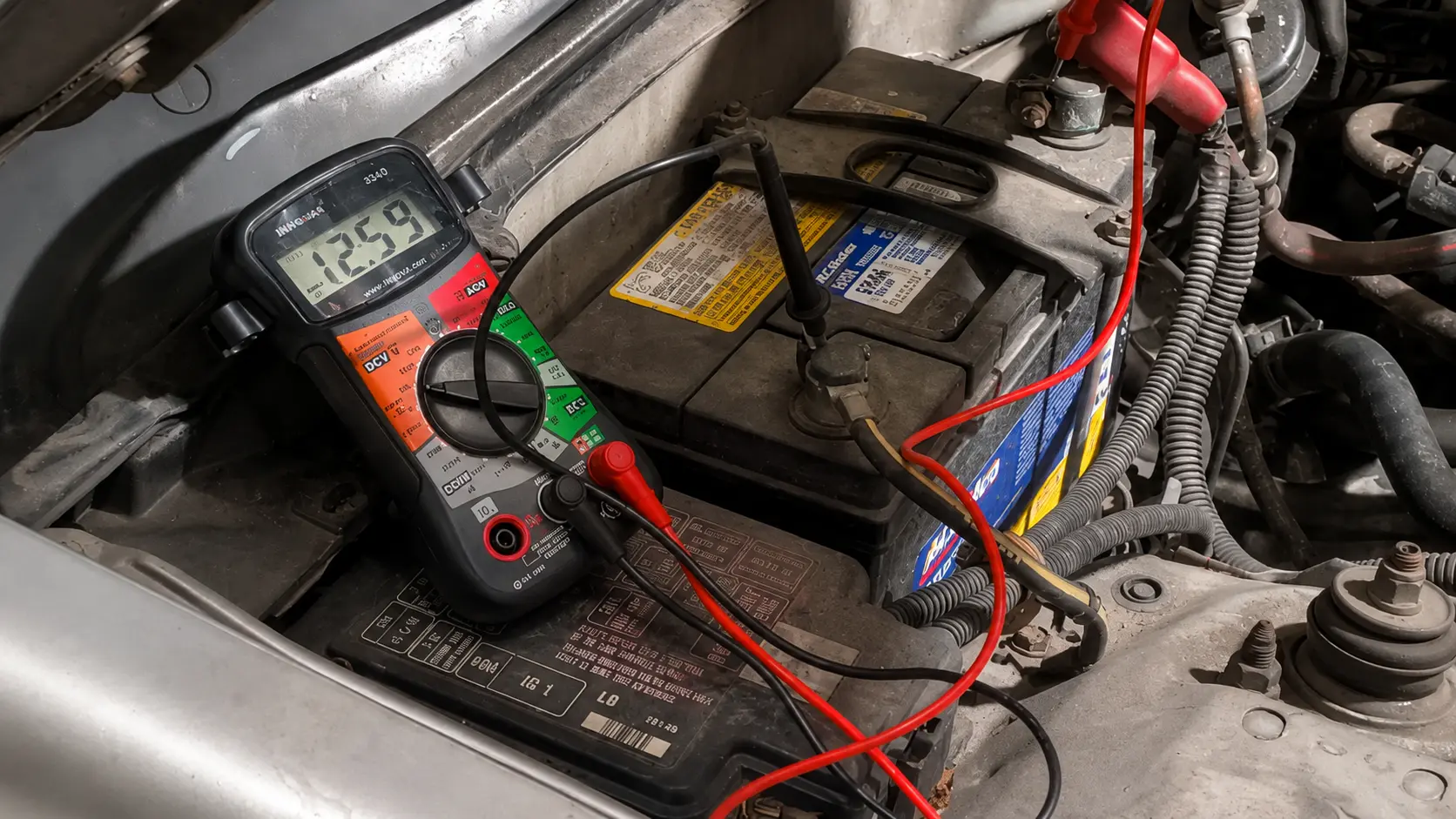 Low voltage from old car battery being tested with a digital multimeter