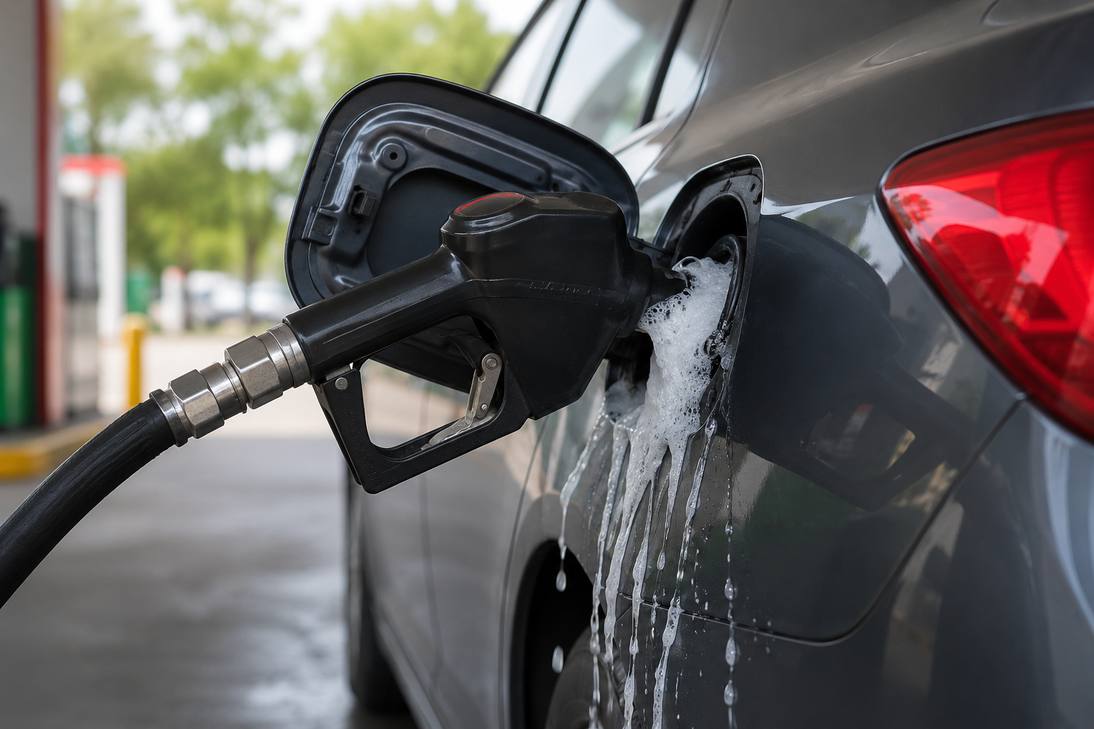 Fuel overflowing while filling a car tank after continuing to pump gas past automatic shutoff