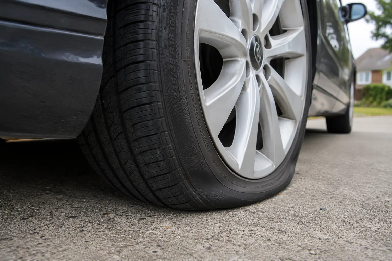 Close-up of an overinflated car tire being checked with a tire pressure gauge.