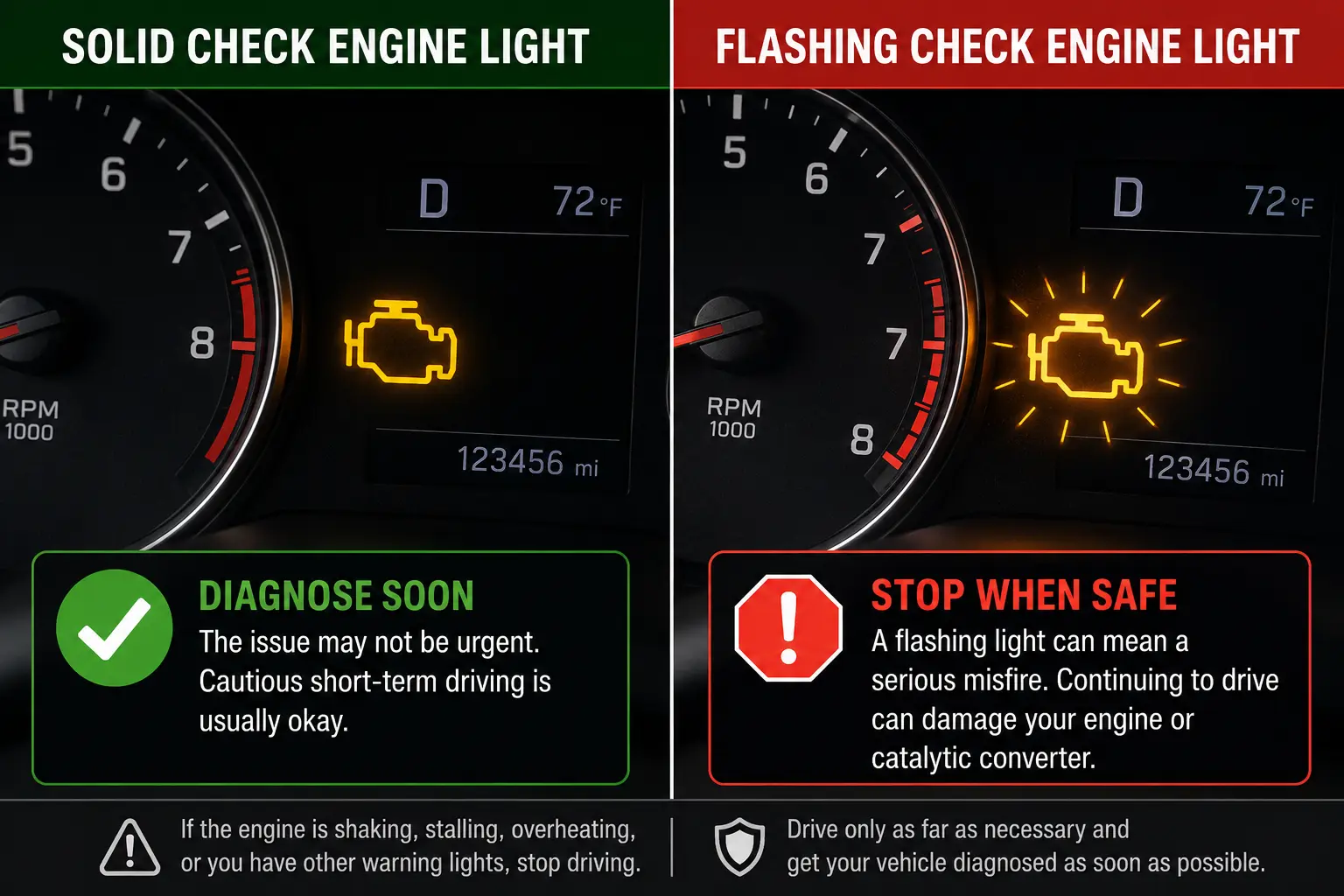 Solid vs flashing check engine light showing when to diagnose or stop driving