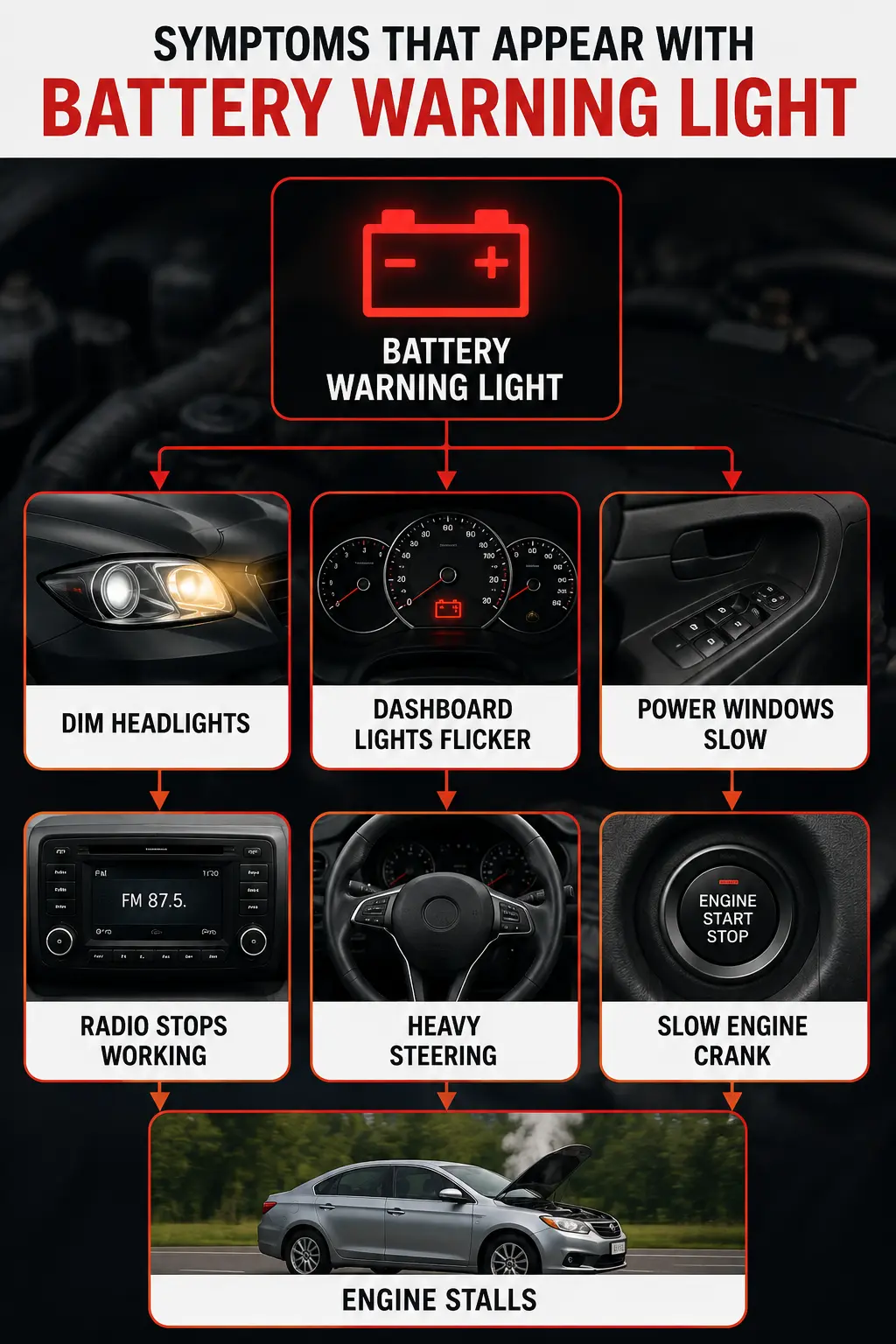 Battery warning light symptoms infographic showing dim headlights, dashboard light flickering, slow power windows, radio failure, heavy steering, slow engine crank, and engine stalling