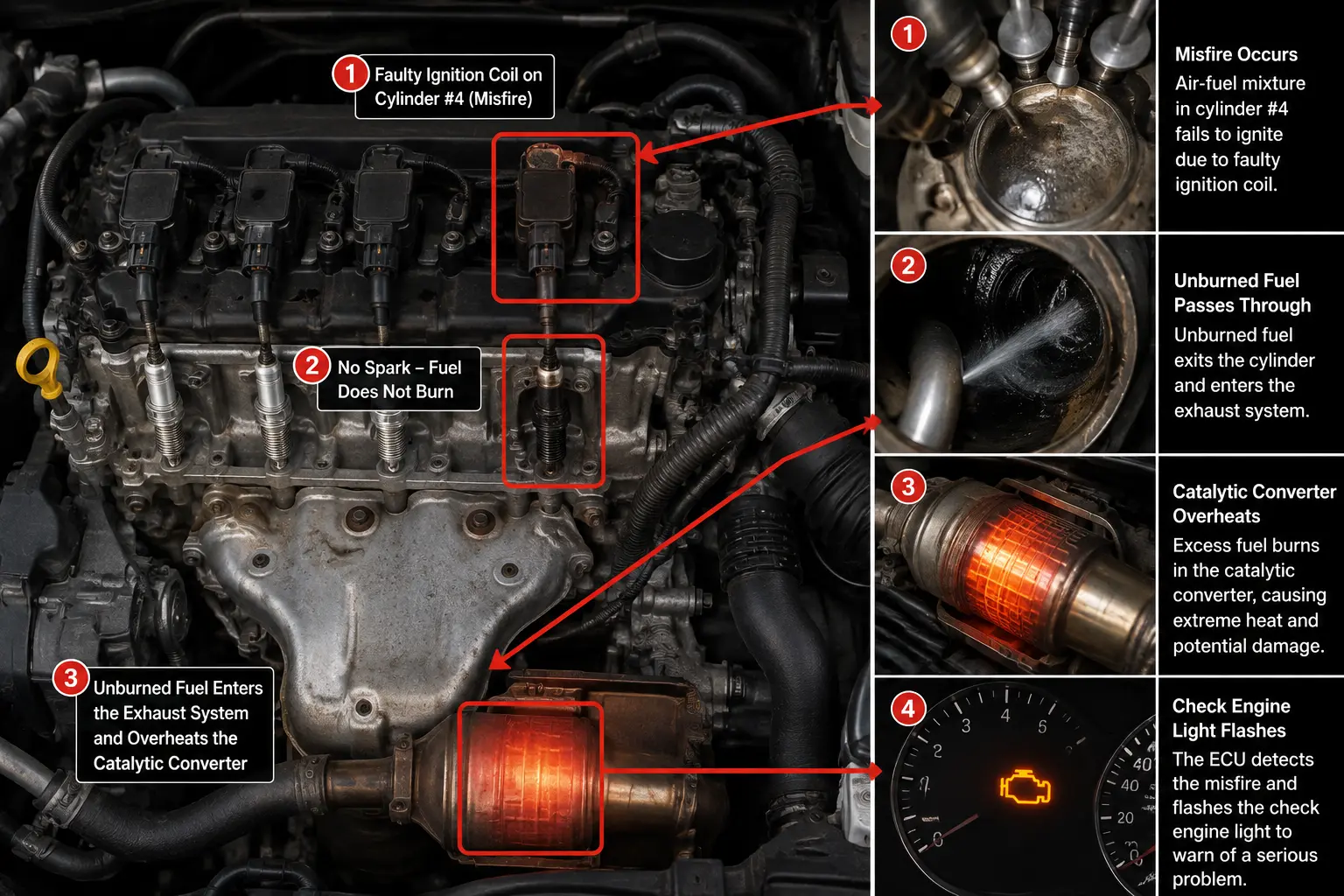 Engine misfire causing a flashing check engine light by allowing unburned fuel to overheat the catalytic converter.