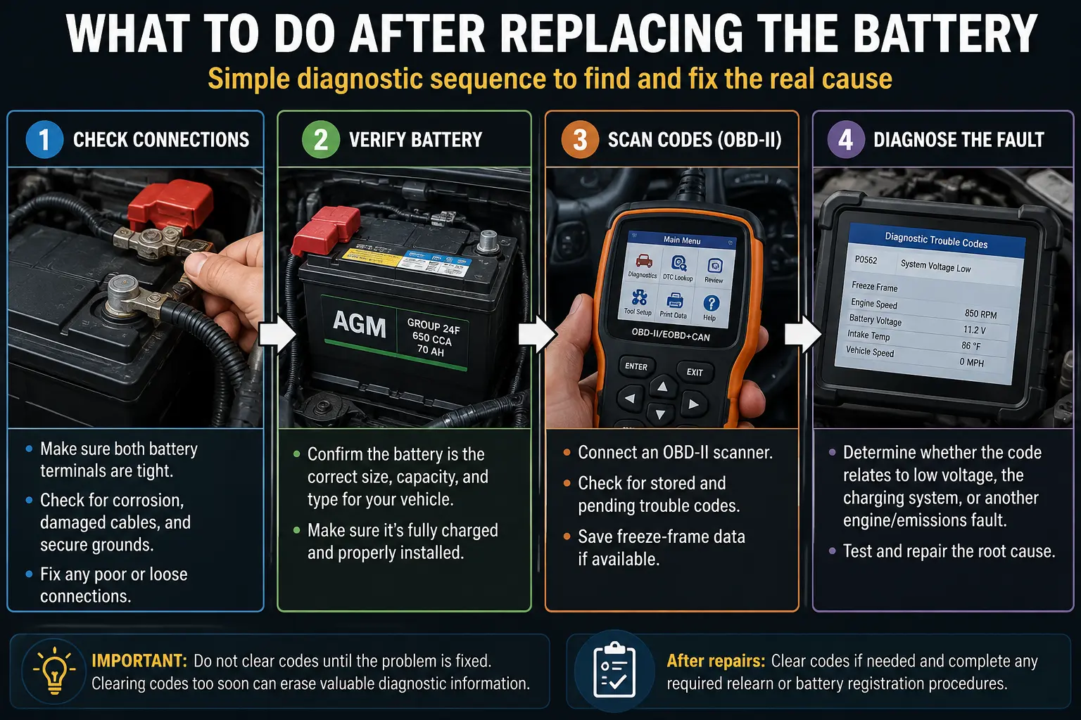 Steps to check a car after replacing the battery when the check engine light comes on