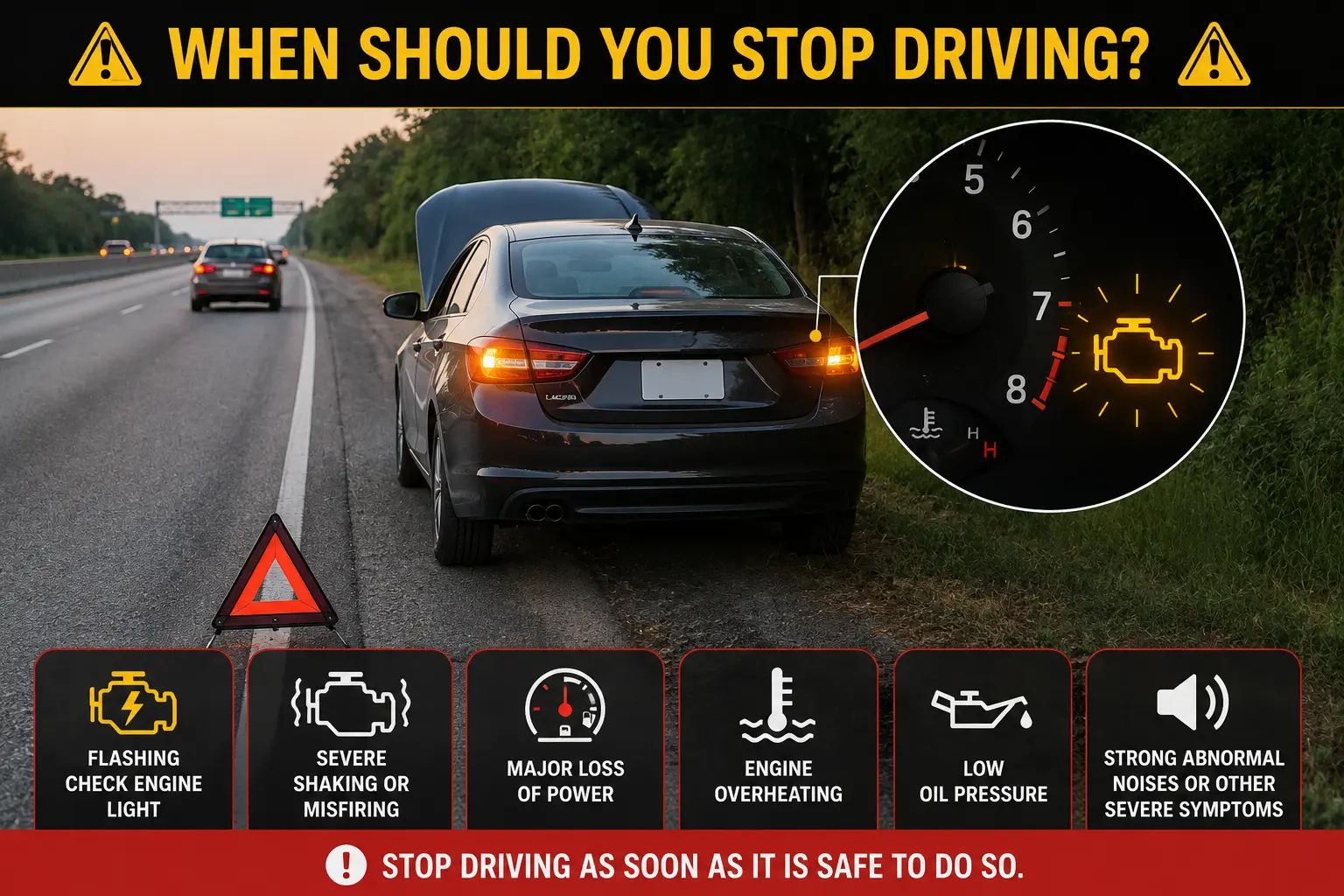 Car stopped safely on roadside after flashing check engine light warning