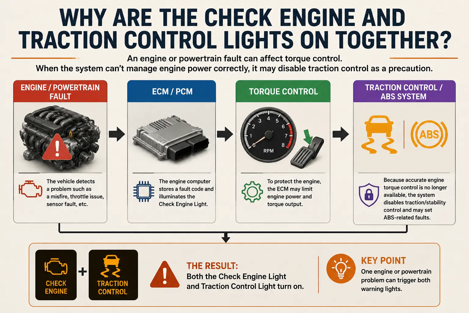 Check engine and traction control lights on together due to connected vehicle systems