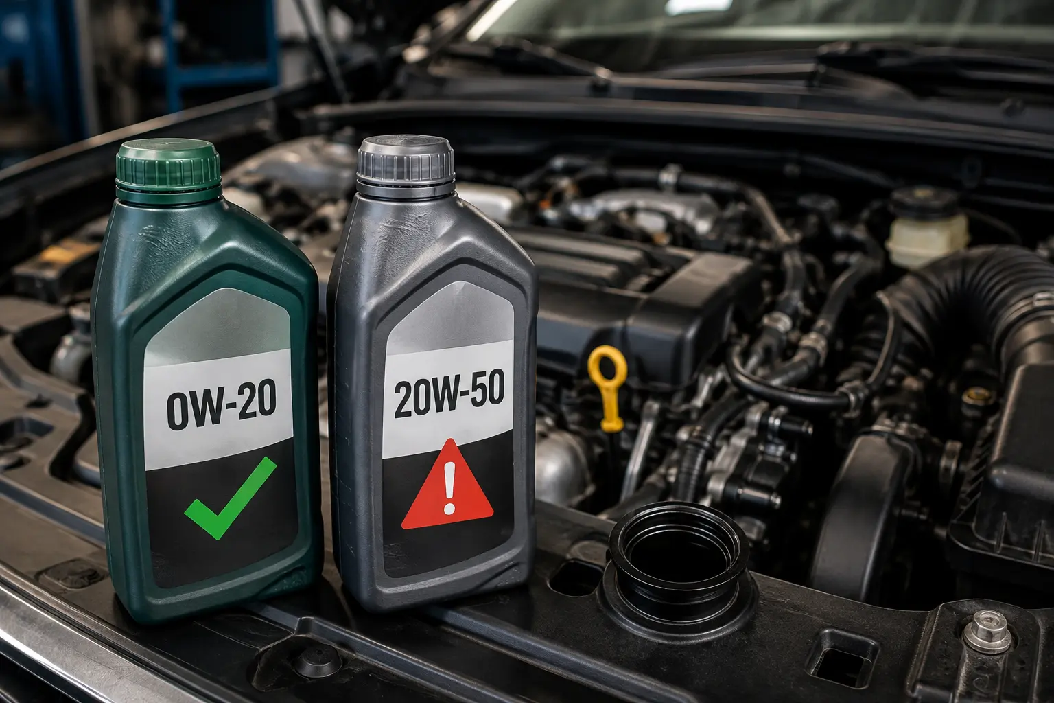Correct and incorrect engine oil viscosity grades shown beside a modern car engine to illustrate proper motor oil selection.